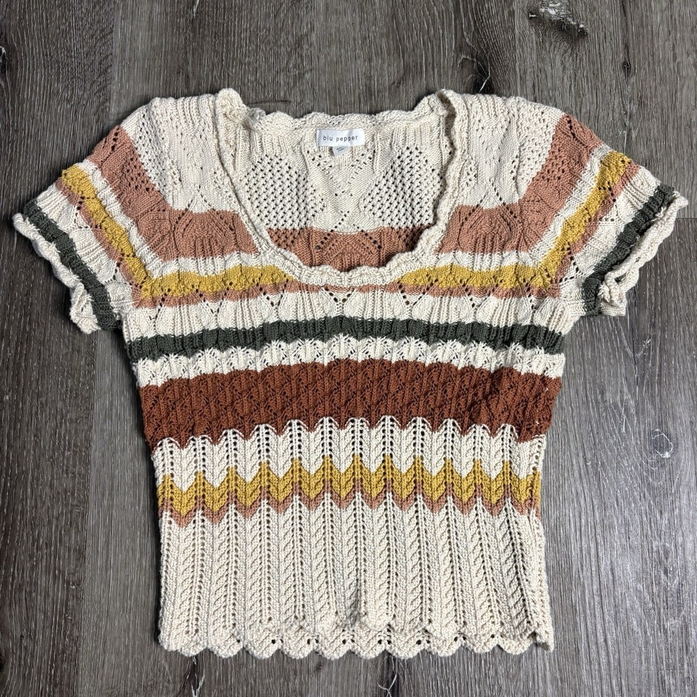 Blu Pepper Crochet Crop Boho Y2K Cottagecore Scalloped Edgesβ Striped Top M